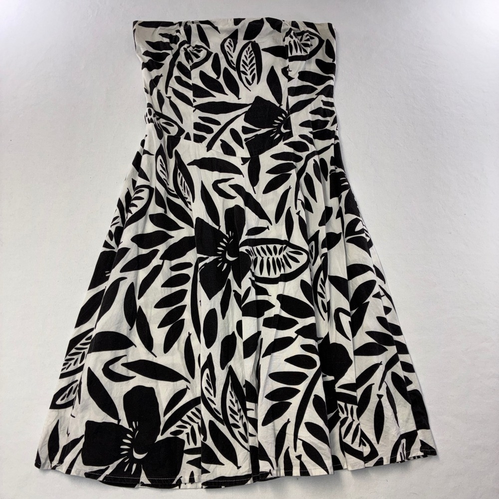 614 Y2K Trixxi Strapless Sun Dress 5 Black White Floral Leaf Print Tropical